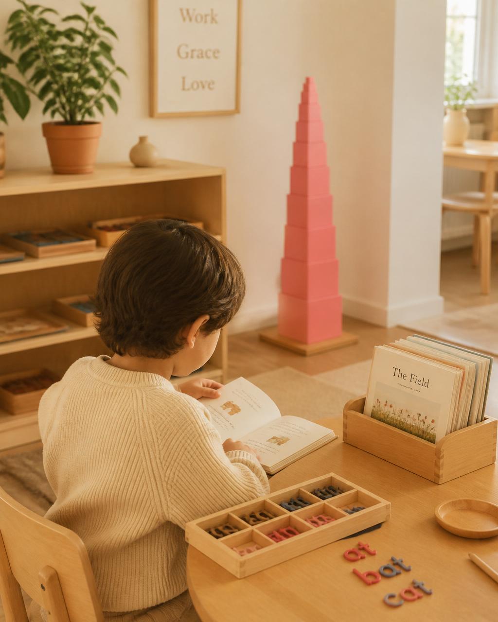 A child focused on Montessori language materials in a bright, organised classroom