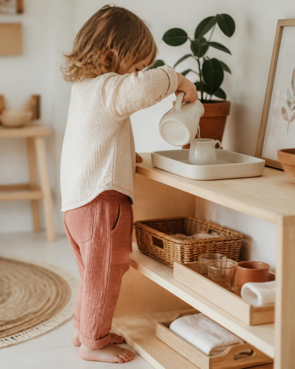 A toddler confidently carrying a small tray during a practical life activity
